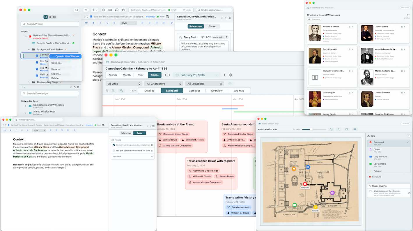 Loreography draft editor with manuscript folders and task panel
