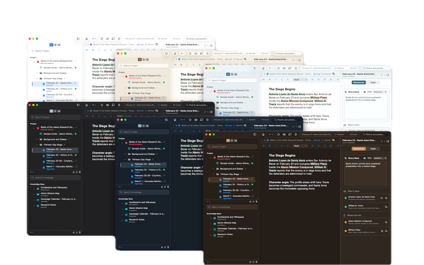 Loreography manuscript editor with project sidebar and reference panel