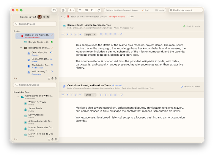 Loreography project folder view with manuscript and knowledge base sidebars